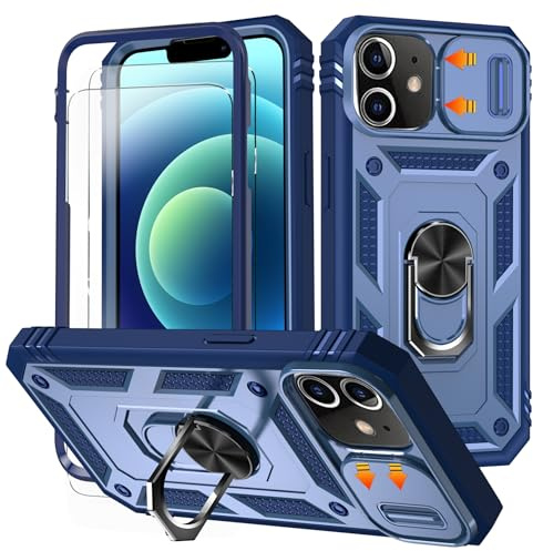 HpulaCase for iphone 11 Case with Camera Cover Slider, 2*Screen Protectors,Build in 360°Rotating Ring Kickstand, Military Grade Protective Case for iphone 11 6.1-Blue