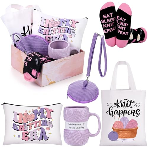 Amylove 6 Pcs Knitting Gifts for Knitters Mother's Day Novelty Knitting Canvas Tote Bag Cosmetic Pouch Coffee Mug Crew Socks Portable Wrist Yarn Ball Holder Set Crochet Lover Gifts for Crocheters