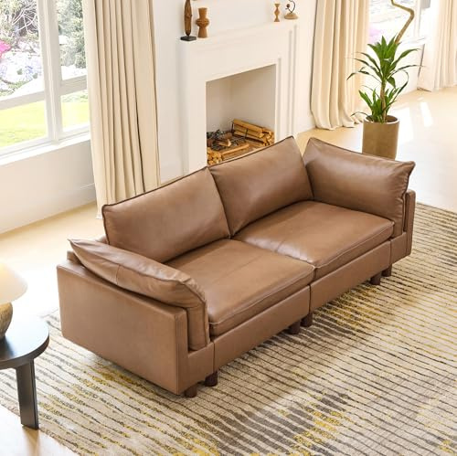 CHITA 92 Super Large Sectional Couches for Living Room, Modular Cloud Couch Sectional Sofa, Premium Genuine Leather Sofa, Down Filled, High Density Foam, Real Leather in Saddle, 2 Seater Loveseat