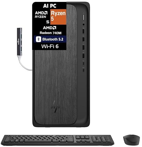 HP OmniDesk M02 AI PC Desktop (AMD Ryzen 5 8500G, 16GB DDR5, 512GB PCIe SSD, AMD Radeon 740M, 280W PSU, WiFi 6, Bluetooth 5.2, RJ-45, 1 Display Port, HDMI, Win 11 Pro) w/DKZ USB Port Expander