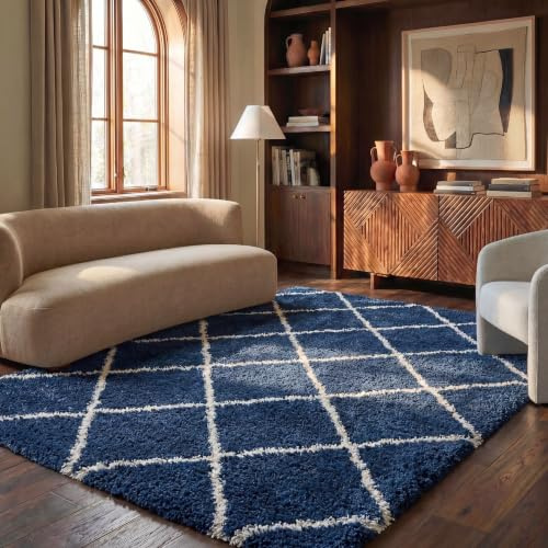 SAFAVIEH Hudson Shag Collection 6' x 9' Navy/Ivory SGH281C Modern Diamond Trellis Non-Shedding Living Room Bedroom Dining Room Entryway Plush 2-inch Thick Area Rug