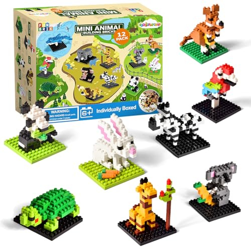 FUN LITTLE TOYS Mini Animal Building Blocks – 12 Pack, No Duplicates, Individually Boxed Zoo Sets for Kids 6-12, Party Favors, Classroom Prizes, Goodie Bag Stuffers & Easter Egg Fillers