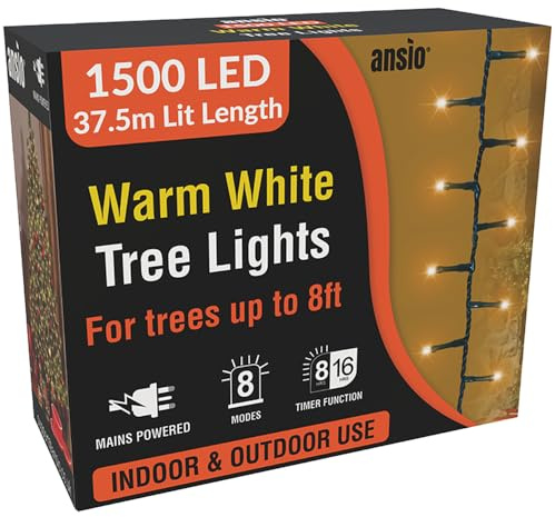 ANSIO® Christmas Tree Lights 1500 LED 37.5m/123ft - Warm White Cluster Compact Lights for Indoor & Outdoor Decorations Fairy Lights with Timer for Xmas Garden & Party | Mains Powered Green Cable