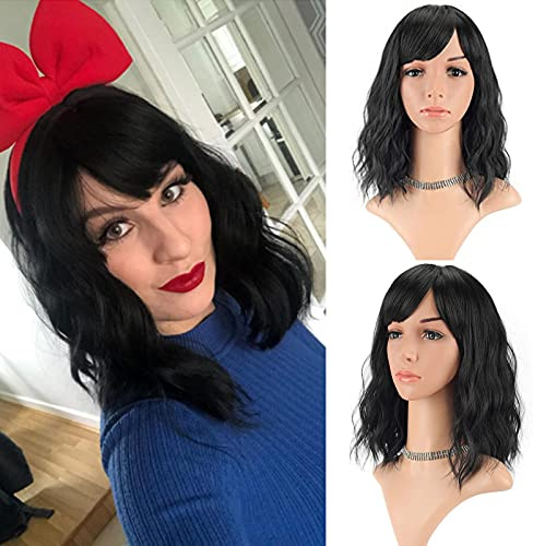 FAELBATY Kurze schwarze Perücken mit schulterlangen Air Bangs Damen kurze Perücke Curly Wavy Synthetic Cosplay Perücke Schwarze Bob Kostüm Perücken (14schwarze Farbe)
