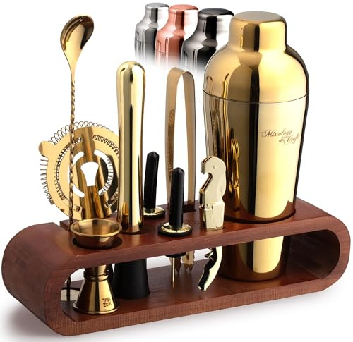 Mixology & Craft Cocktail Shaker Set with Dark Bamboo Stand - Professional 10-Piece Bartender Kit - Complete Bar Set & Cocktail Mixer Kit for Home (Gold)