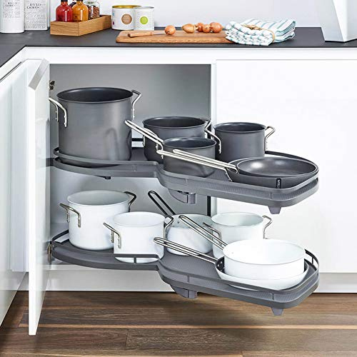 Warmiehomy Kitchen Pull Out Shelf Organiser for Cupboard Revolving Corner Pullout Organizer for 900mm-1000mm Cabinet Grey (Open Right)