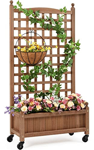 Yaheetech Raised Bed Fir Wood Raised Garden Bed Raised Planter Box for Vine Climbing Plants with Trellis and Wheels for Vegetable Flower Herbs