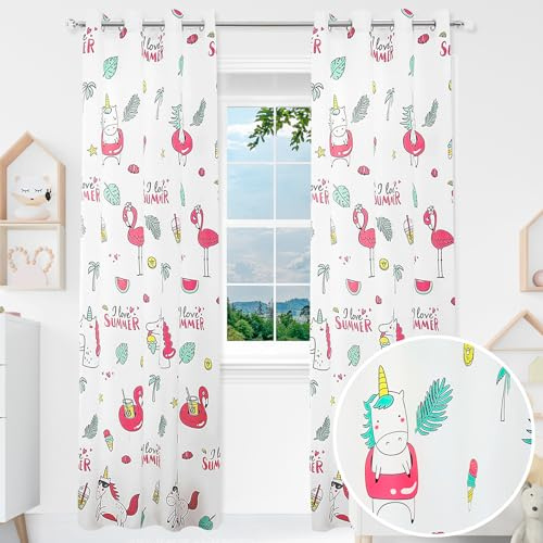 BOD HOME 2 Piezas Cortina Infantil Opaca para Habitación de Niñas, 140 x 260cm Ancho x Alto, Cortina Dormitorio Infantil con Diseño Unicornio Blanco, Material 100% Poliéster
