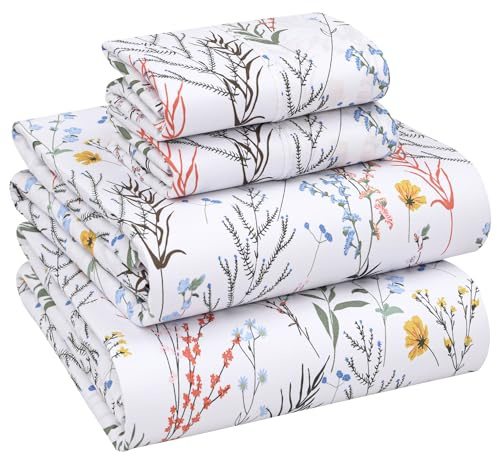 Ruvanti 100% Cotton Sheets Queen Size Set, 4 Pieces, Soft & Breathable Percale Weave Bedding, Deep Pocket 16, Hotel Standard, Crisp Cool Feeling, Durable, Perfect Floral Bed Sheet, Aroma