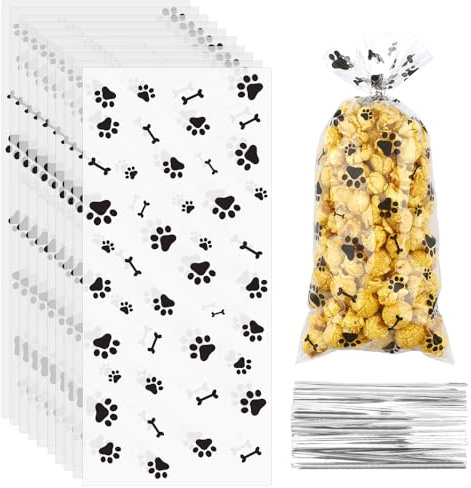 SycloPak Sacchetti di cellophane per cani con stampa di zampe, sacchetti in cellophane per cani con stampa di zampe, sacchetti per biscotti mini caramelle per biscotti per arrostire sacchetti regalo