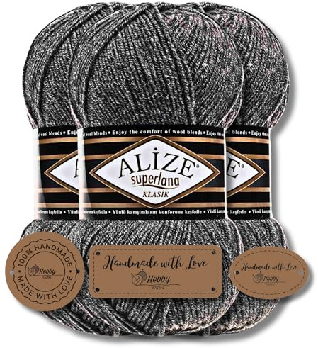 Hobby YARN 3x Etikettenlabel mit Alize Superlana Klasik Wolle Premium 3x100g als Set, Yarn, Garn, Strickgarn, Einfarbig, Baby, zum Häkeln, Stricken, Kleidung, Schals (182)
