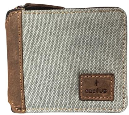 Mala Leather Canvas & Hunter Leather Zip Around Wallet – RFID Protection, 6 Card Slots, Note Section, Zipped Coin Pocket, ID Window – 11 x 9 x 2 cm - Cactus (Grey)