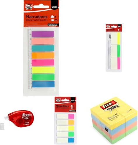 Set Escolar de Marcadores, Notas Adhesivas y Corrector Fixo - Incluye 355 Marcadores Adhesivos + 1 Cubo de 400 Notas Adhesivas Color Pastel + 1 Corrector de Escritura + 2 Reglas Pequeñas