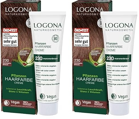 LOGONA Naturkosmetik Pflanzen-Haarfarbe Creme 230 Maronenbraun, Braune Natur mit Henna, vegane Farbcreme für eine dauerhafte Coloration, schonende Färbung für glänzendes Haar, 150ml (Packung mit 2)