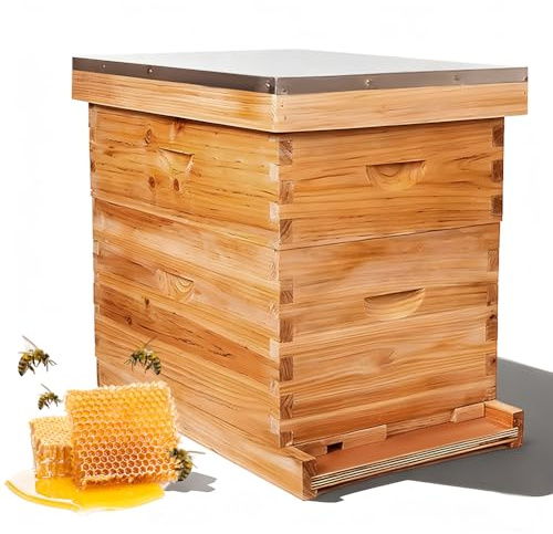 Bienenstock-Starterset,10 Rahmen Bienenstock Bienenwachs Beschichtet BienenstöCke FüR Alle Imkerei Ebenen Komplette Bienenstock Kit EnthäLt 1 Tief Boxen 1 Medium Box Frames Und Stiftung BläTter