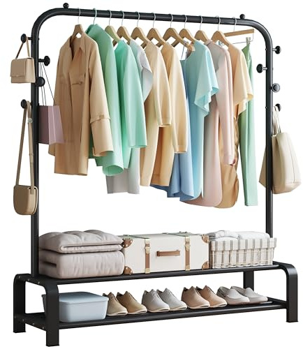 SMILOVII Heavy Duty Clothes Rail for Bedroom, Metal Coat Stand Rack, Freestanding Clothing Garment Hanging Rails, Clothes Storage Organiser, 2 Tiers Shoe Rack+6 Side Hooks Storage Shelf (Black)