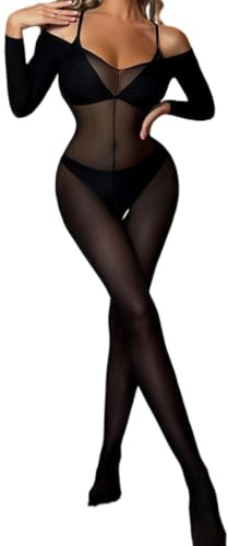 PARUPRUP Donna Sexy Rete Transparente Bodystocking Maniche Lunghe con Apertura sul Cavallo Tuta (Nero 2, Taglia unica)
