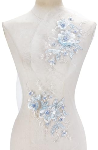 HOBBIESAY 2 Stk Blumen Spitzen Applikation Dekorative Stoff Blumens Perlen Patches Bügel Auf Nähen Auf Stickerei Blumen Patch Alice Blau DIY Kleidung Nähen Dekoration Handwerk 28,5cm x 14,5cm