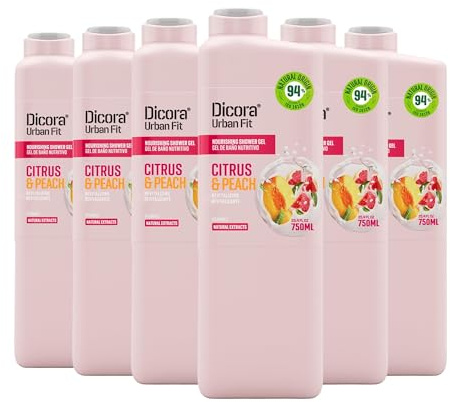 Dicora Urban Fit | Gel de Ducha Cítricos & Melocotón | Gel de Baño Nutritivo con Vitamina C y Extractos Naturales | Pack 6x750 ml