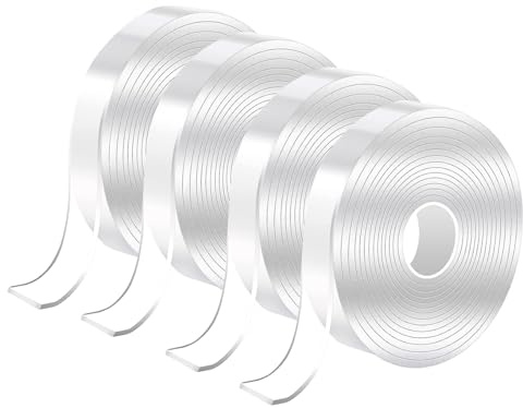 Double Sided Nano Tape, 3mx2cmx1mm, 4 Rolls Heavy Duty Transparent Double Sided Sticky Tape, Removable & Washable Clear Adhesive Picture Mounting Tapes Sticky Tapes for Poster Walls Decor Carpet