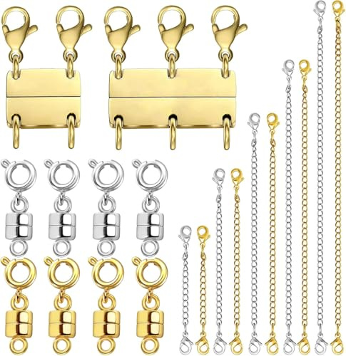 Azttior 20 Pezzi Fermagli Magnetici per Collane e Bracciali, Chiusure Magnetiche con Prolunghe e Connettori 2/3 Strati, Accessori per Gioielli Fai da Te, Oro e Argento