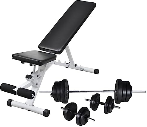 GeenYuu Hantelbänk med skivstång och hantel, set 60,5 kg, stål, justerbar, 5-vägs för styrketräning och muskeluppbyggnad hemma, träningsutrustning för helkroppsträning och bänkpress