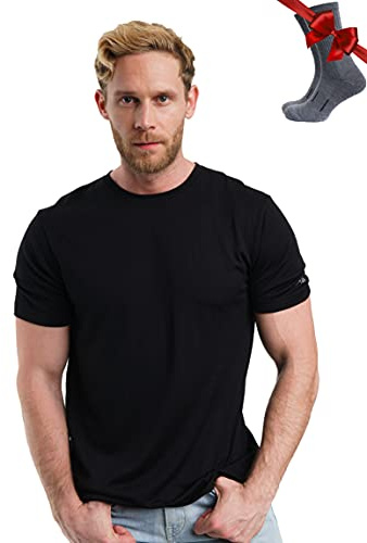 Premium Merino Shirt Herren Kurzarm - Atmungsaktiv Geruchshemmend Thermooberteile zum Wandern + Wanderwollsocken (Large, Black Ink)