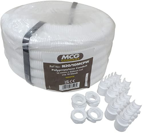 10 Metre 20mm or 25mm Flexible Conduit Tube Contractor Pack with 10 Glands and Locknut - White (20mm)