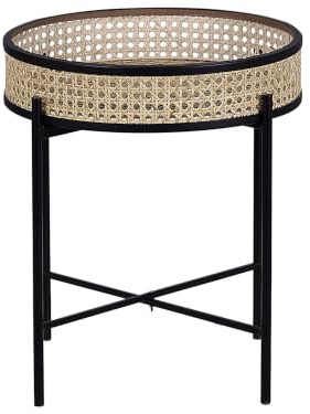 Beliani Beistelltisch Rattan beige natürlich Metallgestell schwarz rund 36cm Boho Vienna