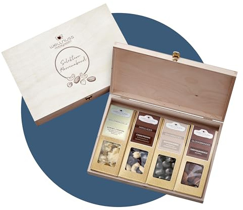 WELLNUSS Geschenkset für Männer „Herrenabend – Best of Chocolate“ – 4 edle Nussmischungen mit Schokolade in hochwertiger Birkenholzbox – Premium Geschenkidee (4 x 60g)