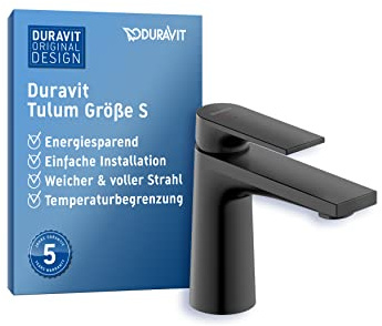 Duravit Tulum Waschtischarmatur, Größe S (Auslauf Höhe 97 mm), Wasserhahn Bad, Waschbecken Armatur mit FreshStart-Funktion, Schwarz Matt