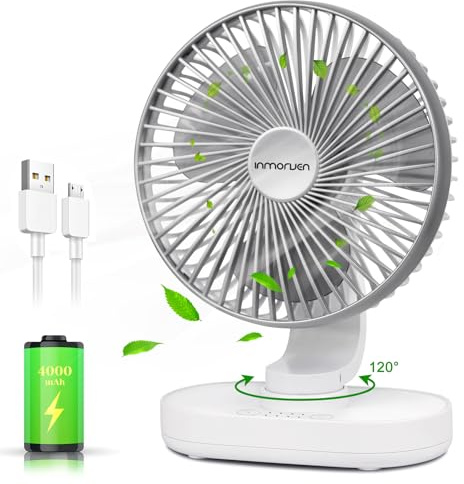 CONBOLA Small Desk Fan for Bedroom, 4000mAh Battery Powered Rechargeable Fan, 90° Vertical Manual and 120° Oscillating, 4 Speeds Air Circulator Fan, Quiet Table Fan for Home Office, White