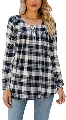 Yukiuiny Chemisier Carreaux Femme Col Boutonnée Tunique Blouse Hauts Chemise T Shirt Col Rond V Casual Décontractée Ample Classique Retro Ecossaise Top Noir Blanc*Manche Longue L