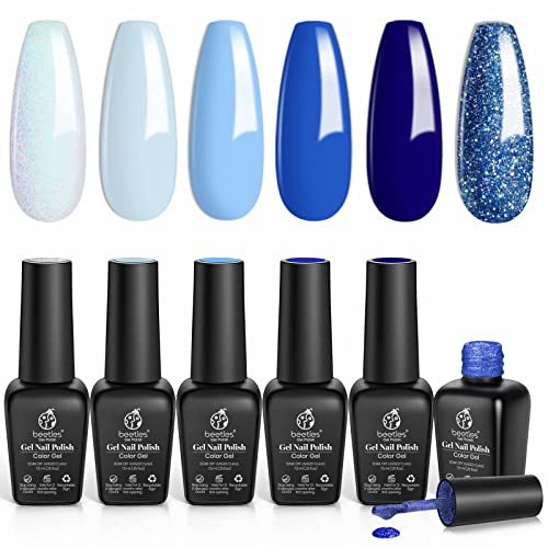 Beetles UV-gelnagellack i set, 6 färger, blått/marinfärgat nagellack, Aquarius Holy Water-kollektionen, gör-det-själv-gel, kit med fashionabla glitterfärger, gåva för kvinnor/nybörjare, nagelkonst