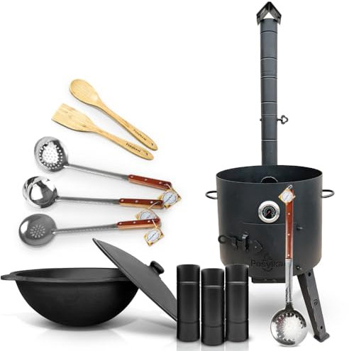 Kazan - Cuchara de hierro fundido Kazan (16 L, con estufa de fuego Utschak, diámetro de 44 cm, base redonda, para cucharón Plov, cuchara de madera, espátula Учак Учаг Uchag Asia (Set 6)