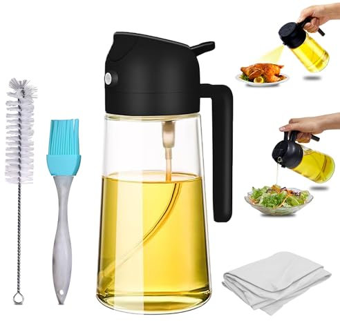 Augeno Schwarzer 500 ml 2-in-1 Ölspender und Ölsprüher für Speiseöl Set mit Silikon-Ölbürste, Reinigungsbürste & Reinigungstuch | Ölsprühflasche zum Kochen, Salat, Grillen und Backen in der Küche
