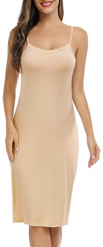 Vlazom Women's Full Slips, Soft Slinky Petticoat Ladies Long Nightdress Basic Underskirt for Women with Adjustable Straps Nude,M
