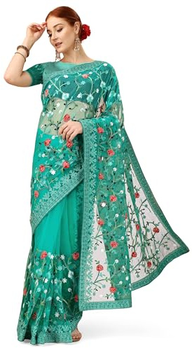 Jaanvi fashion Sari en filet brodé floral avec chemisier non cousu pour femme, vert foncé, taille unique