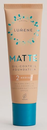 Lumene Matt Control Oil Free Foundation for Oily and Combination Skin Full Coverage with Arctic Cloudberry 30 ml / 1.0 Fl.Oz. (2 Medium SPF20)