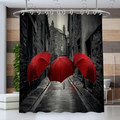 Cortina De Ducha Paraguas Rojo Góticociudad Retro 120Wx180L Cm Cortina De Baño De Poliéster Impermeable Antimoho Lavable Cortina Ducha con Ganchos