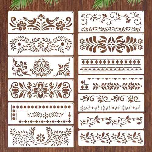 CIATBYYJ 12 Stück Schablonen Textilgestaltung, Blumenschablonen zum Malen, Wandgestaltung Eckrand-Schablonen für DIY Holz, Wand, Handwerk, Leinwand, Stoff, Heimdekoration