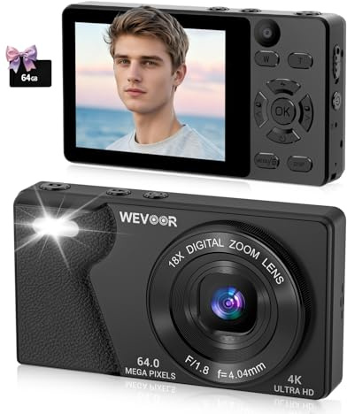 Wevoor 4K Digital Camera 64MP Autofocus Compact Camera 64GB for Travel Party with Dual-Lens, 18X Digital Zoom, 2000mAh Battery, 2.8 Screen Portable Small Photo Camera for Adults Beginner Teen, Black