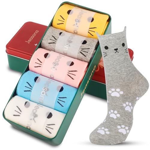 Womens Cat Socks Girls Cartoon Animal Funny Comfortable Casual Cotton Novelty Crew Socks 4 Pack