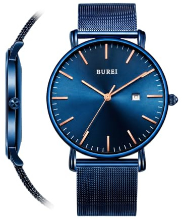 BUREI Ultradünne Herrenuhr – Minimalistisches Analog-Design, wasserdichtes Quarzwerk, Geschenk für Männer (Weiß/blau)
