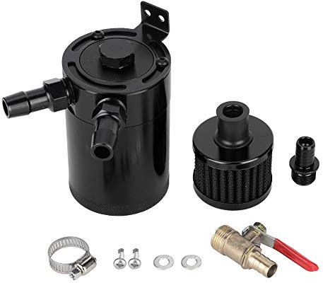 Juego de filtro de tanque de captura de aceite de coche universal Lata de depósito de tanque de aceite de aleación de aluminio con kit de accesorios de 2 puertos(Negro)