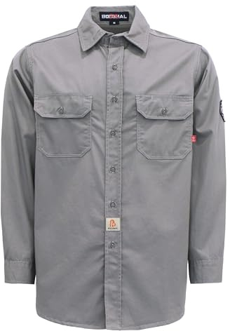 BOCOMAL FR 6.25oz Lightweight Summer Welding Shirt - Flame Resistant, Relaxed Fit, Cotton, Long Sleeve, Button Down Collar, Light Gray