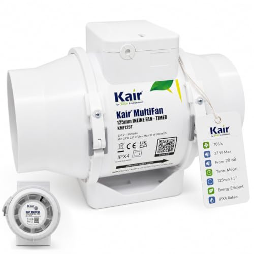 Kair MultiFan In Line Fan 125mm with Timer | Compatible with 125mm plastic ducting, Timer control, 2-speed operation, Powerful airflow up to 280 m3/h - 78 l/s