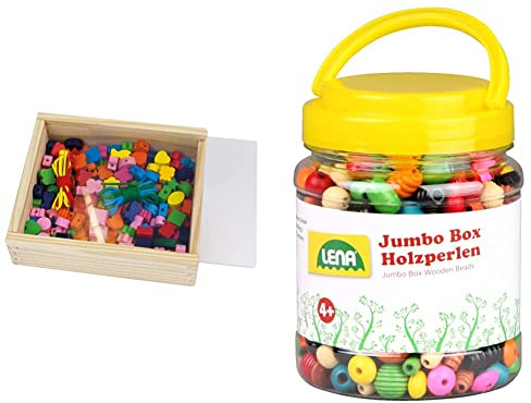 Lena 32020 - Bastelset Holzfädelperlen 164 Teile, ab 4 Jahre & 32044 - Bastelset Holzfädelperlen in Jumbo Box, mit Fädelperlen aus Holz, ca. 2 cm groß, Holzperlen Mix Set für Kinder ab 4 Jahre