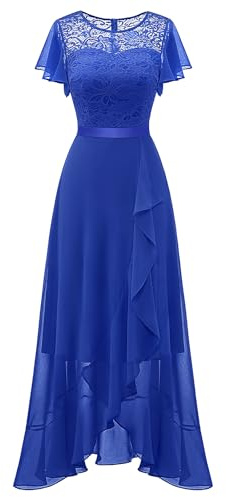 Berylove Official Evening Gowns for Women Short Sleeve Ruffled Wedding Dresses Long Party Dresses End of Year Ball Gowns, Sapphire Blue, XS