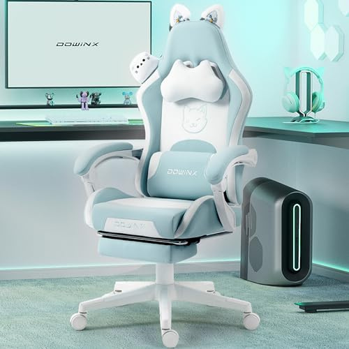 Dowinx Gaming Chair Cute with Cat Ears and Massage Lumbar Support, Ergonomic Computer Chair for Girl with Footrest and Headrest, Comfortable Reclining Game Chair 290lbs for Adult, Teen, Blue Green